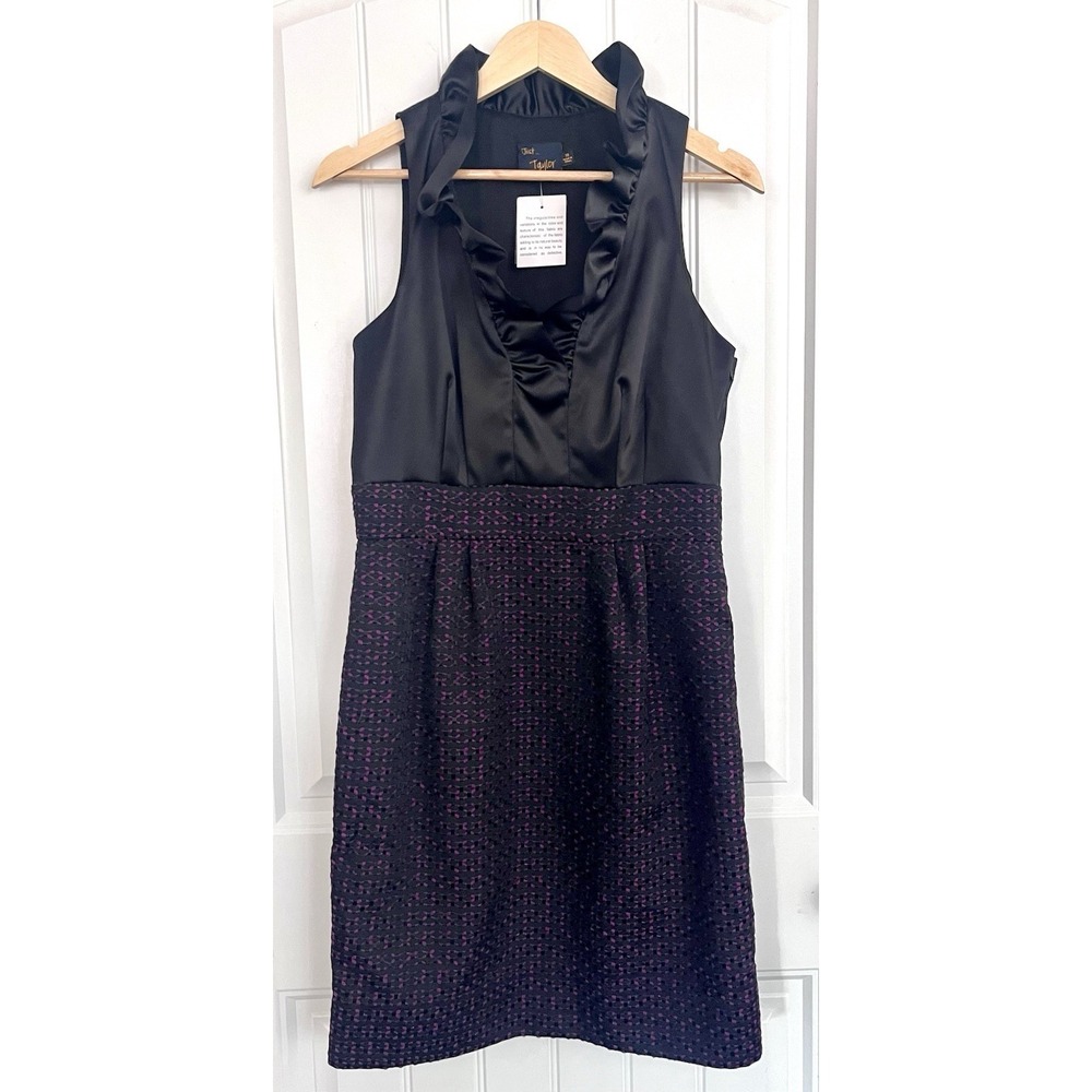 New! Just Taylor Dress Sheath 10 Ruffle Neck Satin Party Sleeveless‎ Black 536